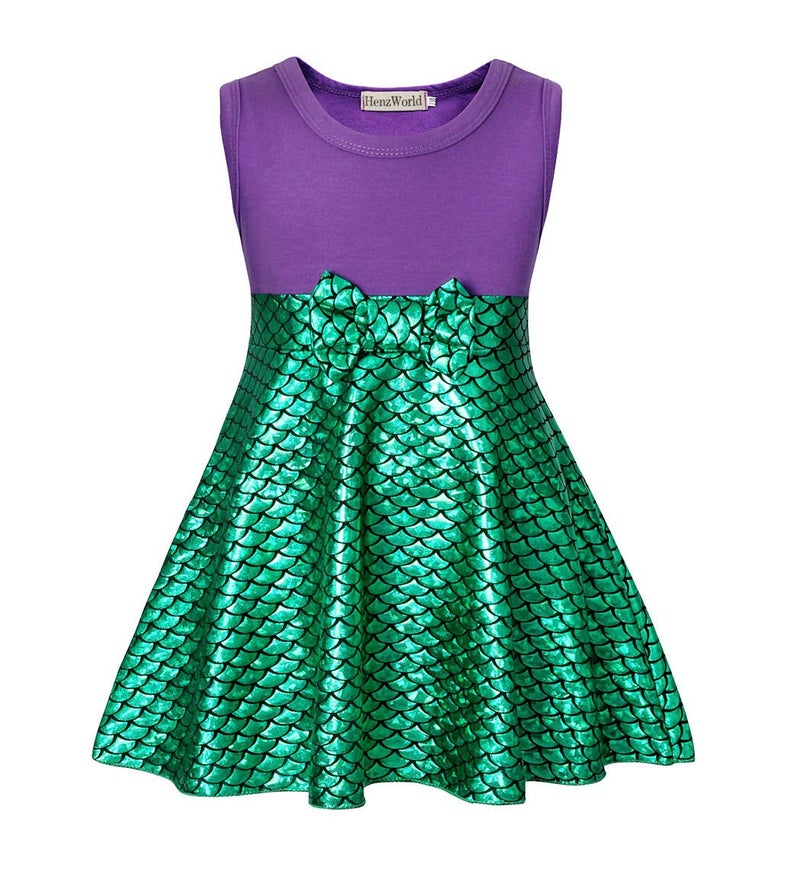 HenzWorld Little Girls Mermaid Costume Princess Dress up Halloween Costumes for Girls Birthday Party Gift Cosplay Halloween Outfit Green Fish Scale Sleeveless Purple 5t Kids Age 5-6 Years - Image 1